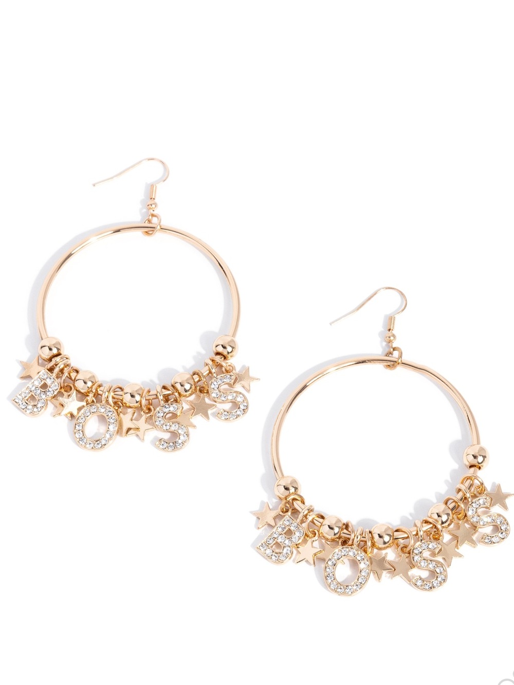 Gold Hoop Earrings with BOSS and Star Charms - Picture 3 of 3